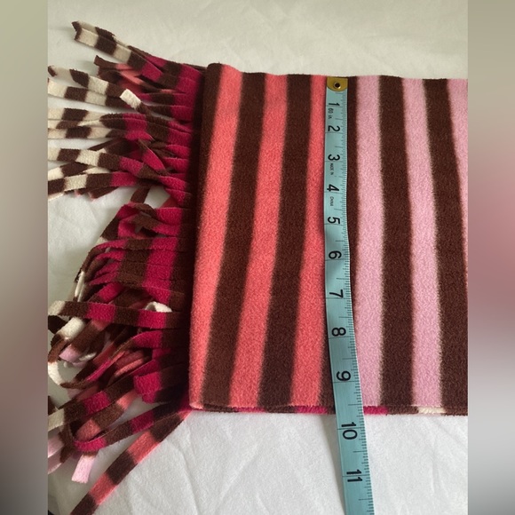 OLD NAVY Pink Brown Cream Stripped Fleece Scarf with Fringes  Sz 10”x 68 - Picture 8 of 9
